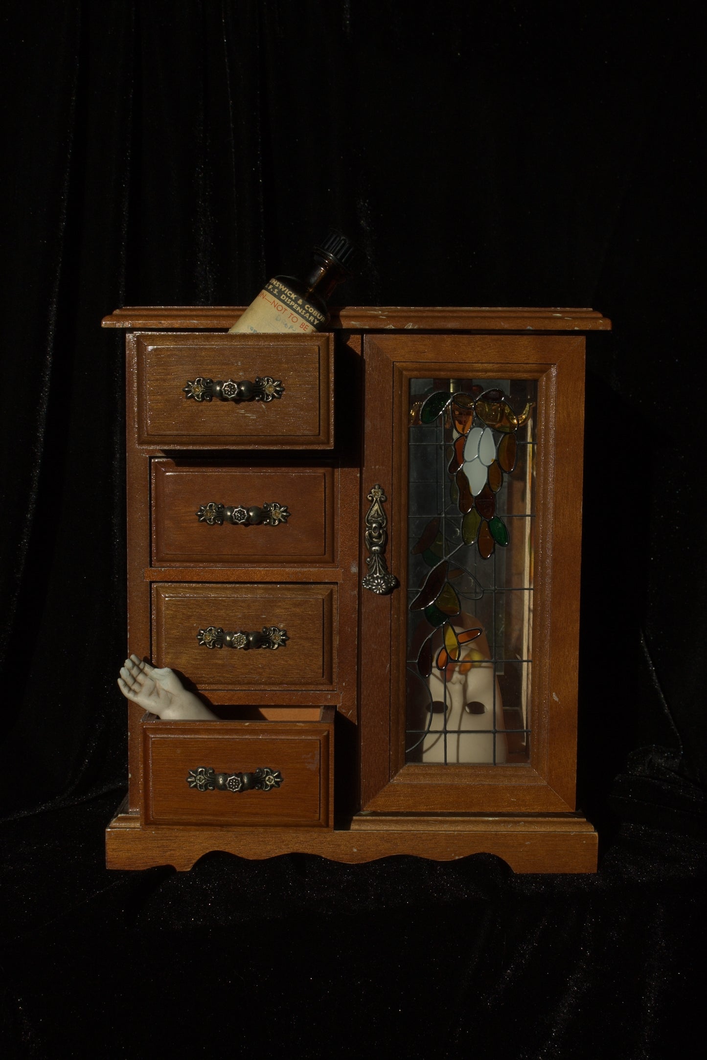 Vintage Miniature Musical Curiosity Cabinet | Stained Glass Style
